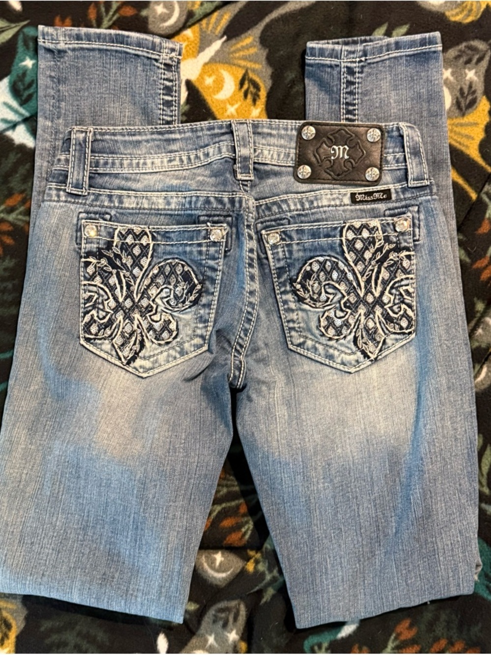 Miss Me Light Blue Embroidered Fleur-de-Lis Skinny Jeans
